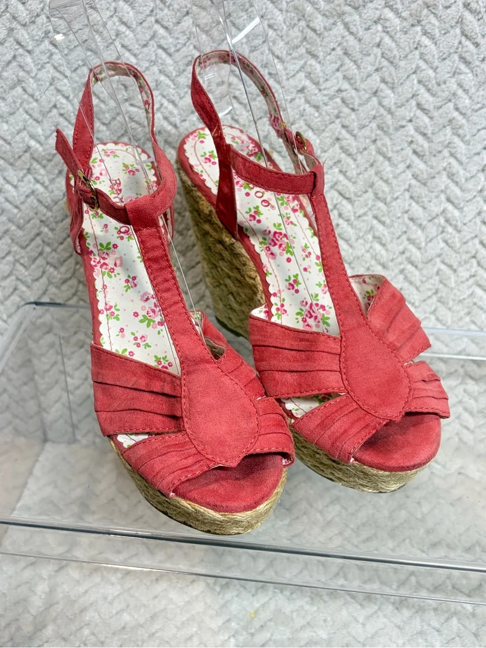 Bamboo Coral Red Espadrille Wedge Sandals 6 Floral T-Strap Cottagecore Y2K
